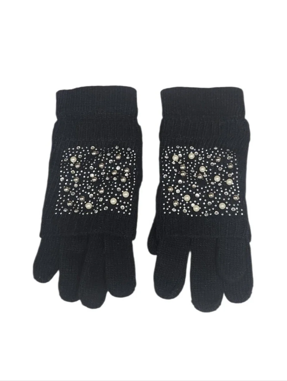 Black Gloves Embellished With Pearls , Rhinestones & Studs .